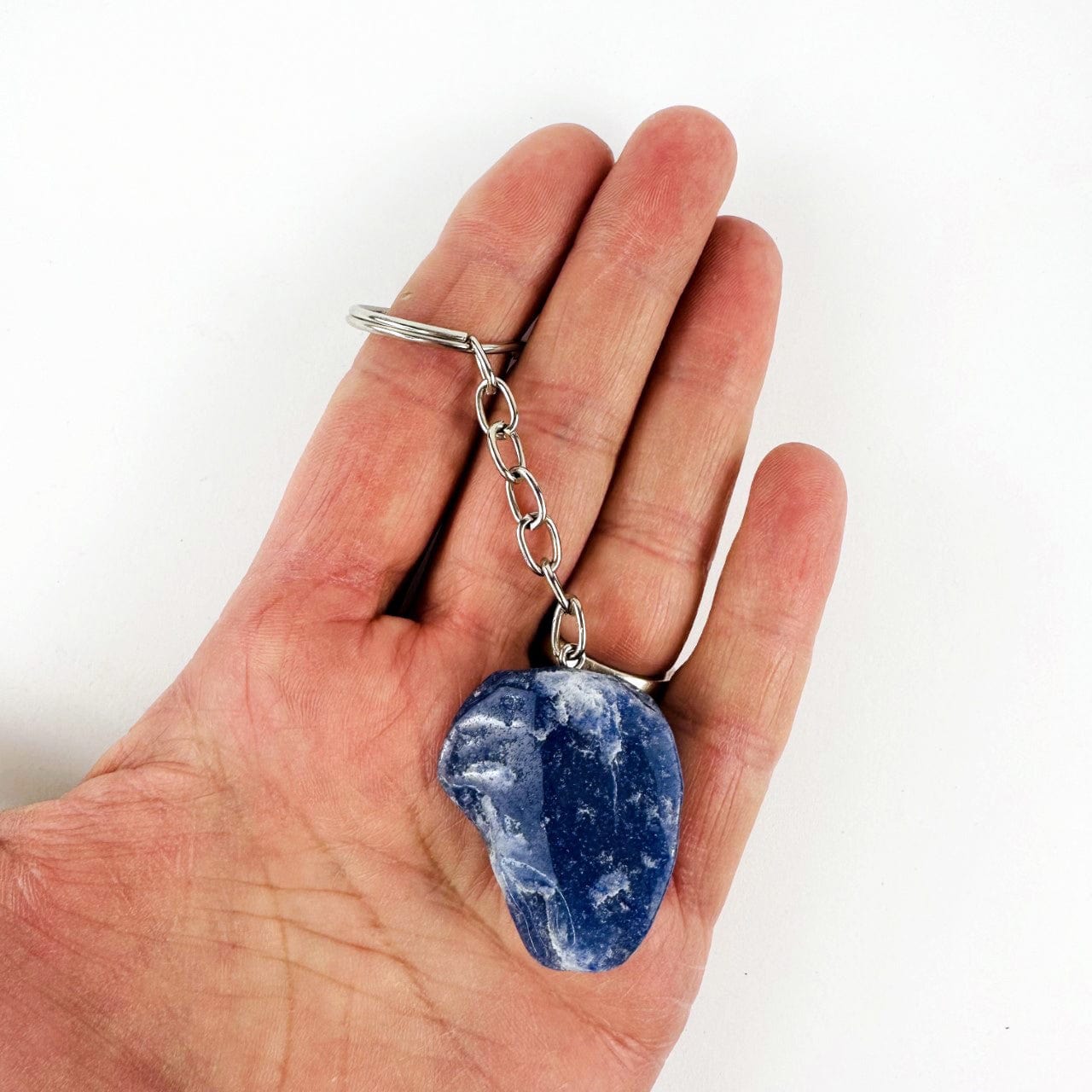 Blue Quartz Polished Freeform Silver Toned Key Chain - Tumbled Blue Stone