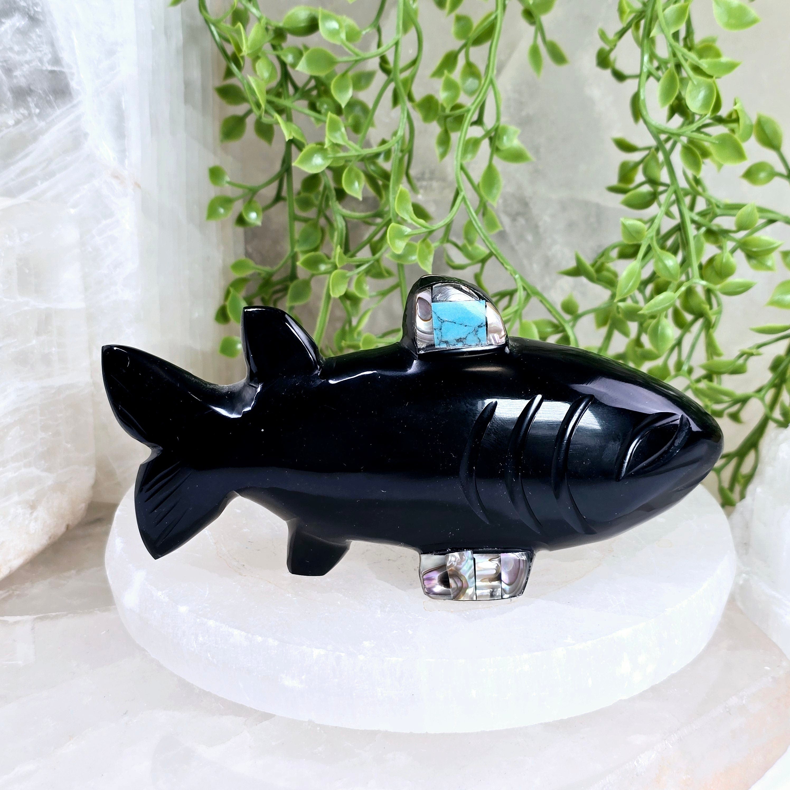 Black Onyx Crystal Fish with Shell and Gemstone Inlays