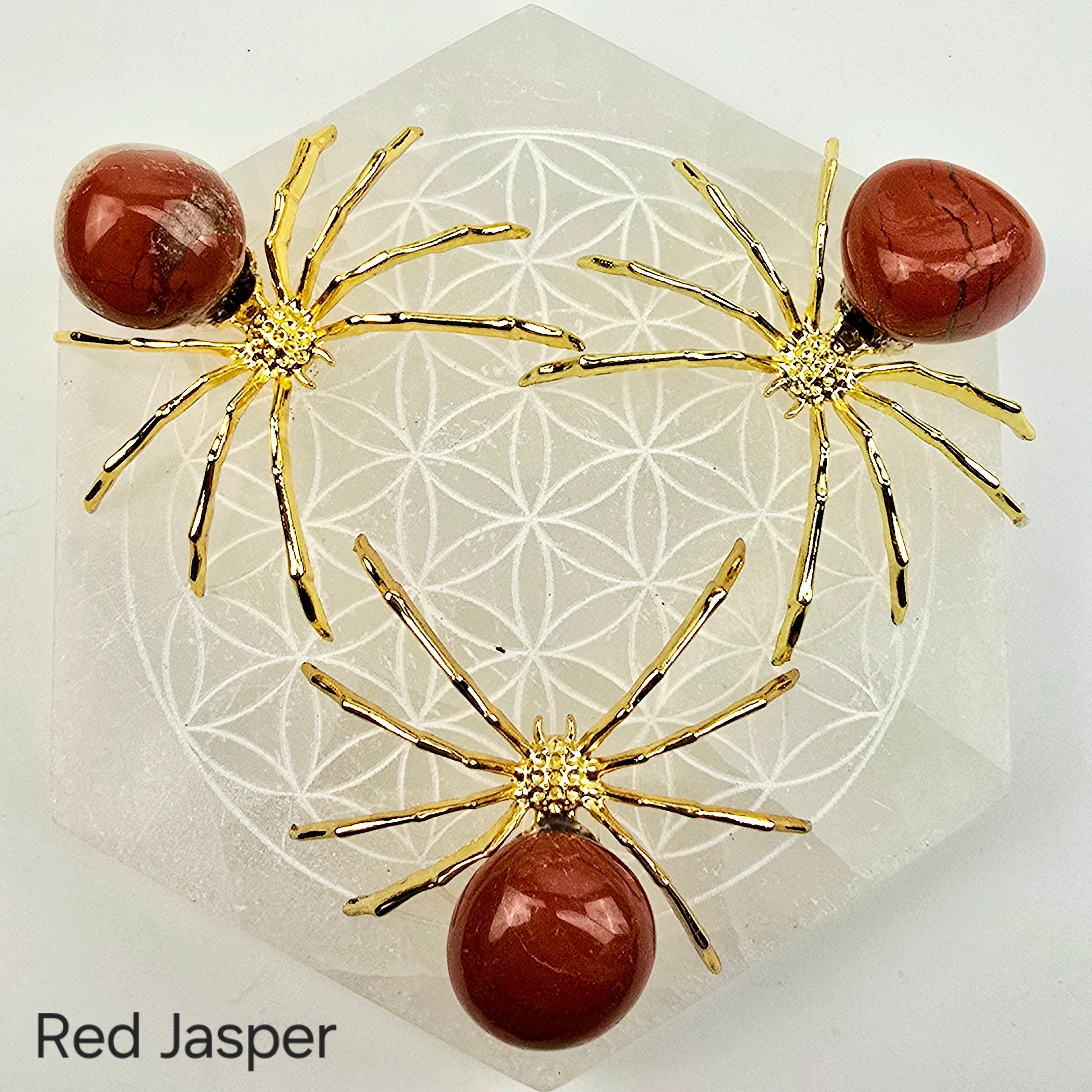 Crystal Spider - Gold-Toned Metal Spider with Tumbled Stone Body - Halloween Witchy Decor