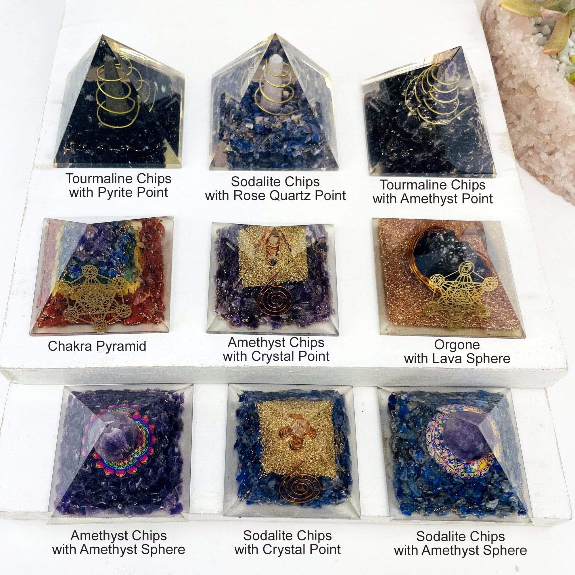 Orgone Tourmaline with Pyrite Point Pyramid - Chakra Reiki Metaphysical Pyramids