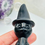 Black Onyx Crystal Cat with Hat - Halloween Decor -