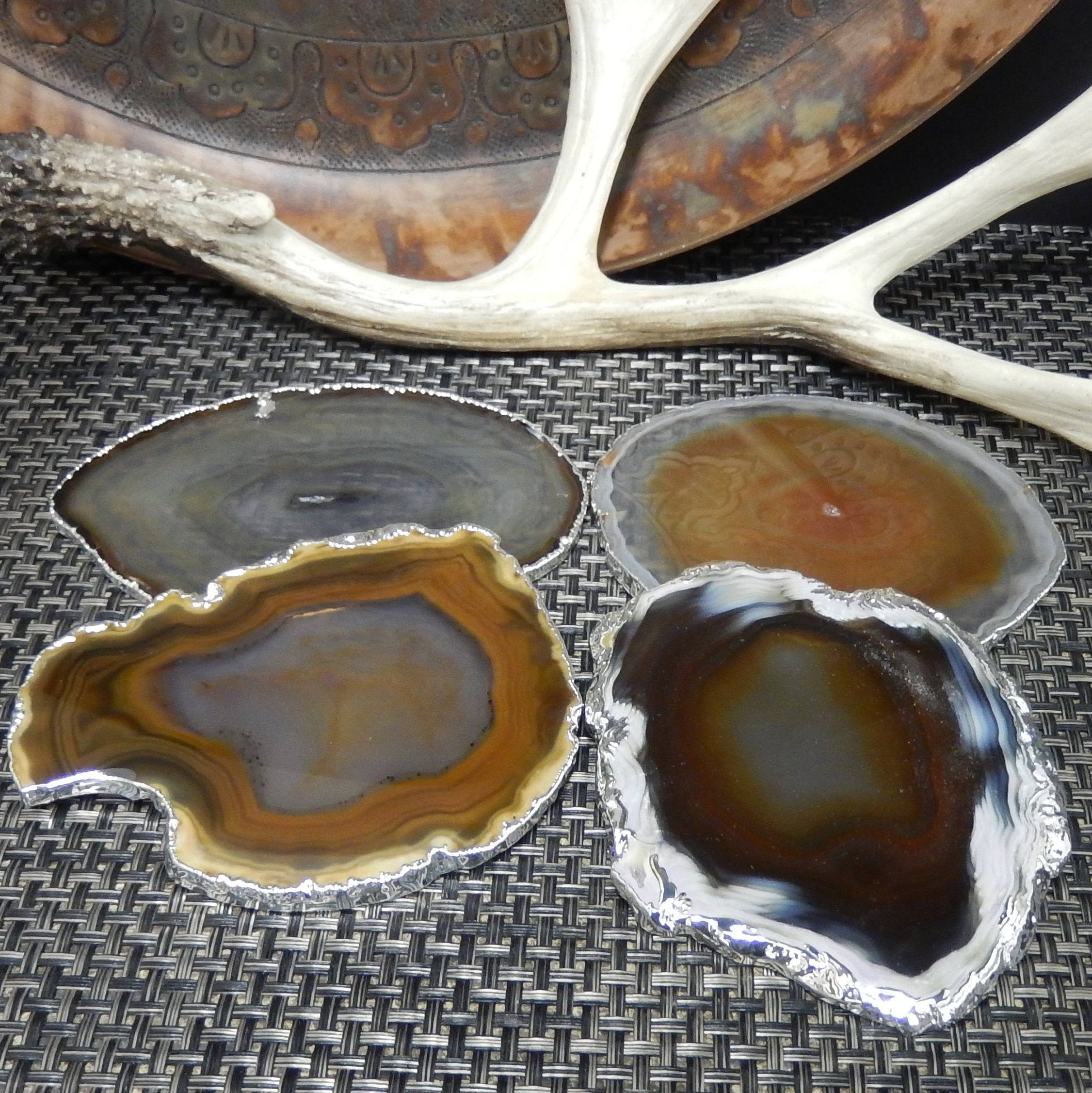 Agate Slice Set of 4- Freeform Coaster Size - Silver Electroplated Edges